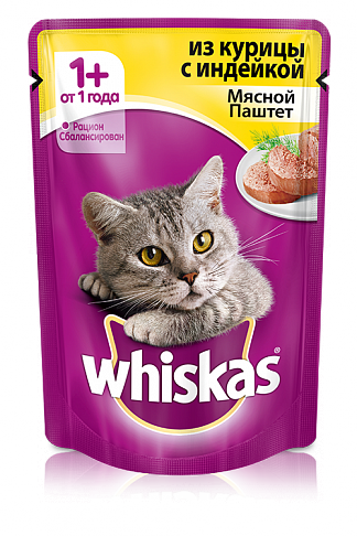 Влажный корм для взрослых кошек, паштет из курицы с индейкой, Whiskas - 75 гр в Алматы и в Казахстане за 250 ₸