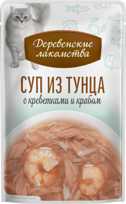 Лакомство суп «Суп из тунца с креветками и крабом», Деревенские Лакомства, для кошек, тунец/креветки/краб, 35 г, 4 шт в Алматы и в Казахстане за 2 410 ₸